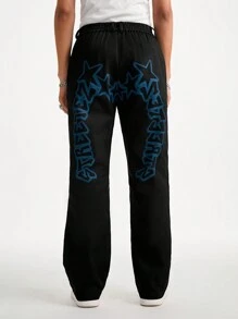 Manfinity NXTstreet Pantalones rectos holgados de tejido con estampado de letras para hombres - Negro - Ver 1