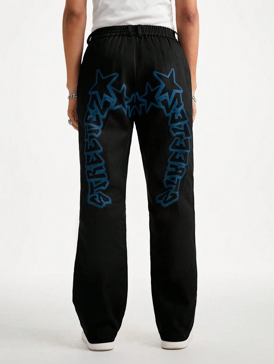Manfinity NXTstreet Pantalones rectos holgados de tejido con estampado de letras para hombres - Negro - Ver 1