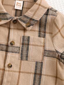 Cozy Pixies Áo sơ mi dài tay cổ kẻ caro thường ngày cho bé trai, quần áo mùa thu - Màu Khaki - Xem 3