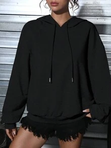 Muchica 女士休闲简约唇印图案宽松连帽卫衣，秋冬款 - 黑色 - 查看 4