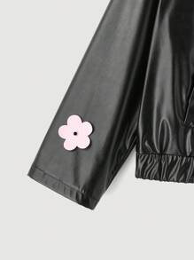 SHEIN MOD Chaqueta retro estampada de flores linda y dulce en tallas grandes, abrigos negros - Negro - Ver 3