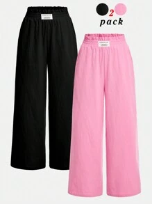 2pcs Tween Girl Loose Flared Ruffle Waist Wide Leg Pants Set - Multicolor - View 3