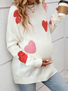 SHEIN 孕妇心形图案长袖针织毛衣，秋冬款 - 白色 - 查看 1