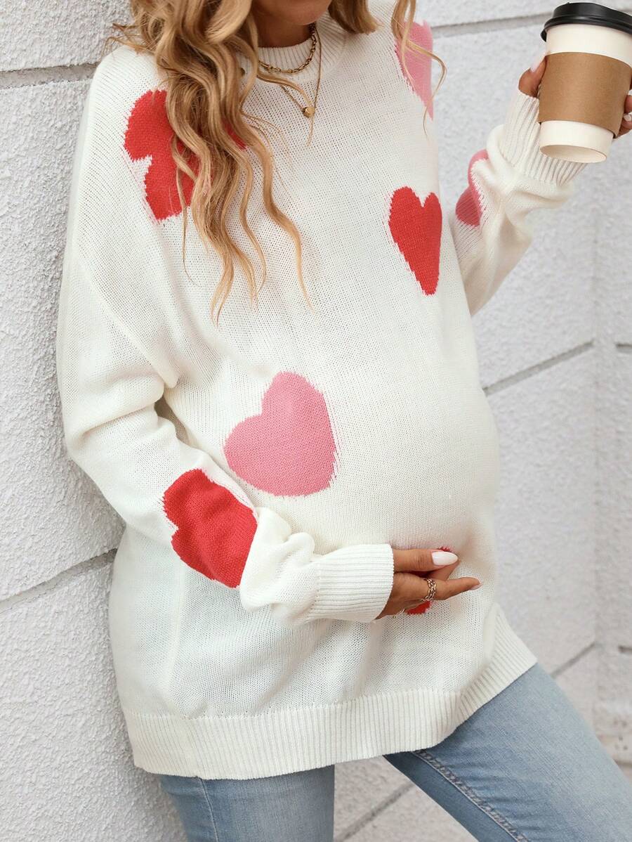 SHEIN 孕妇心形图案长袖针织毛衣，秋冬款 - 白色 - 查看 1
