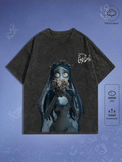 Corpse Bride | ROMWE Camiseta de manga corta para hombre con estampado vintage lavado de la novia cadáver