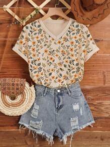 INAWLY Camiseta casual de manga corta con estampado floral de talla grande - Caqui - Ver 1