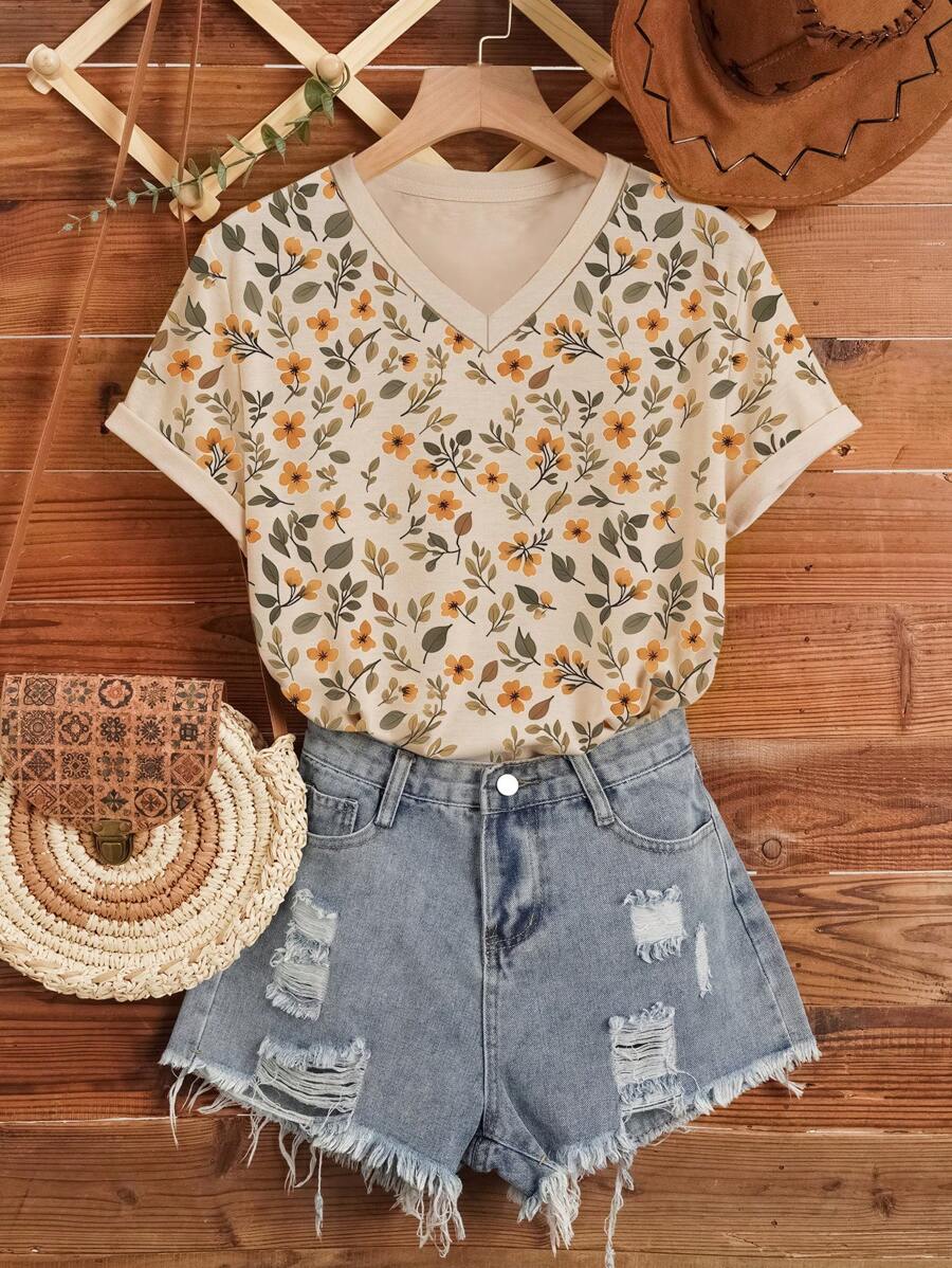 INAWLY Camiseta casual de manga corta con estampado floral de talla grande - Caqui - Ver 1