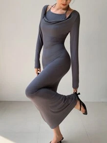 EastFlair 韩国时尚女式性感垂坠领灰色鱼尾连衣裙 - 灰色 - 查看 6