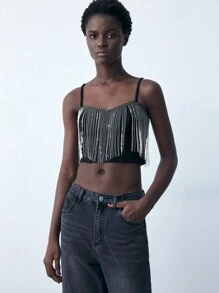 Maija Women's Black Spaghetti Strap Tassel Accent Tank Top, Autumn