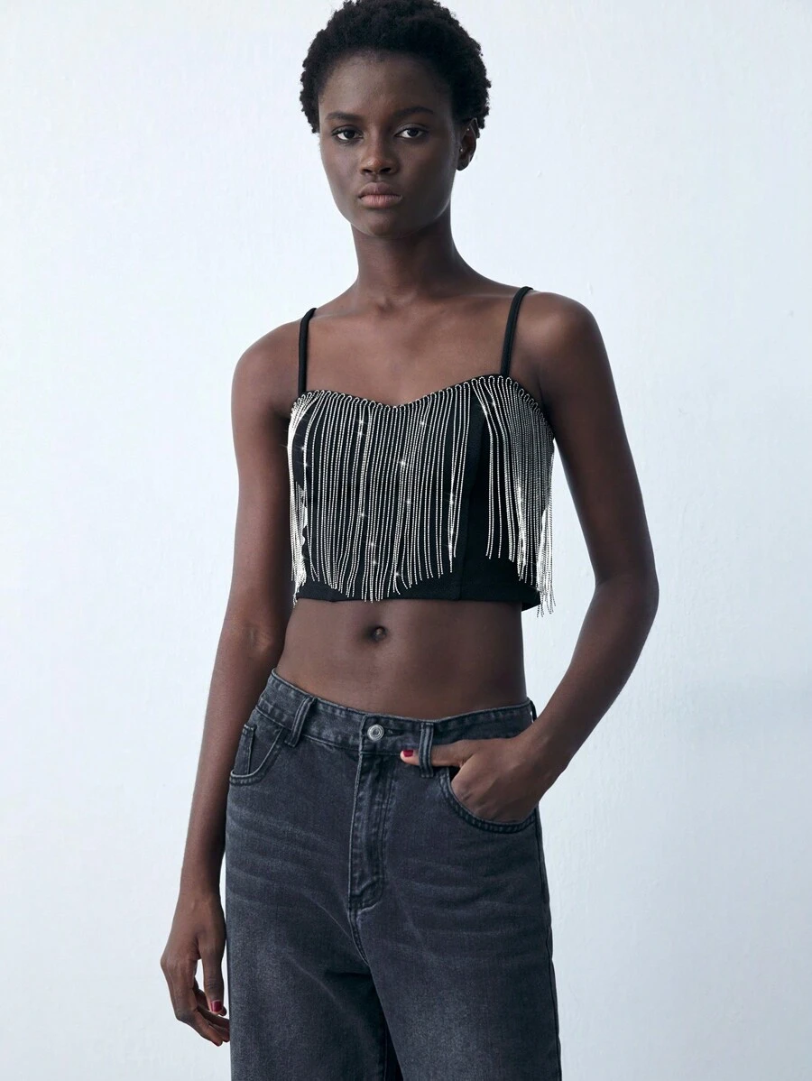 Maija Women's Black Spaghetti Strap Tassel Accent Tank Top, Autumn