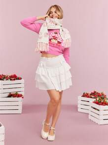 Strawberry Shortcake X SHEIN 卡通人物草莓图案针织粉色加厚保暖流苏围巾，礼品创意