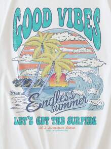 SHEIN EZwear Áo thun cổ tròn tay ngắn dáng rộng thoải mái họa tiết hoàng hôn mùa hè dành cho nữ, phù hợp cho mùa hè - trắng - Xem 9