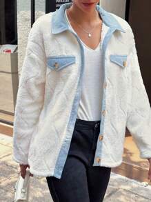 SHEIN LUNE Veste femme à manches longues, en polaire colorbloc, chaude et thermique pour l'automne et l'hiver - Blanc - Voir 1