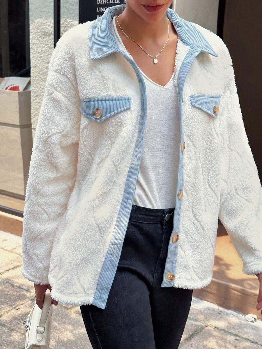 SHEIN LUNE Veste femme à manches longues, en polaire colorbloc, chaude et thermique pour l'automne et l'hiver - Blanc - Voir 1