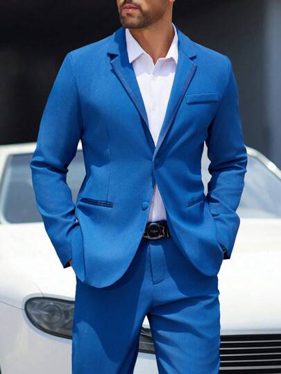 Manfinity Mode 2-częściowy męski jednolity kolor jednorzędowy marynarka z długim rękawem i spodnie garnitur, męski jednolity kolor prosty codzienny zestaw garniturowy z długim rękawem, niebieski zestaw garniturowy