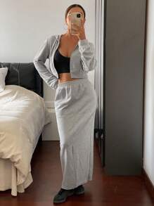 DAZY 2 piezas/Conjunto falda mini ajustada y sudadera con capucha de unicolor para mujer
