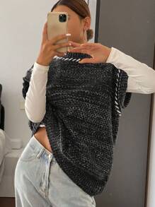 DAZY Chaleco de punto holgado de cuello redondo sin mangas con rayas de colores contrastantes para mujer, otoño e invierno - Gris - Ver 1