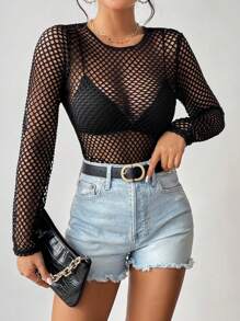 Allurite Hollow Out Fishnet Mesh Top Without Bra Fall Cloth For Women - Black - View 1