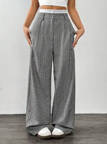 SHEIN EZwear Grey Woven Women's Striped Wide-Leg Pants - Grey - View 1