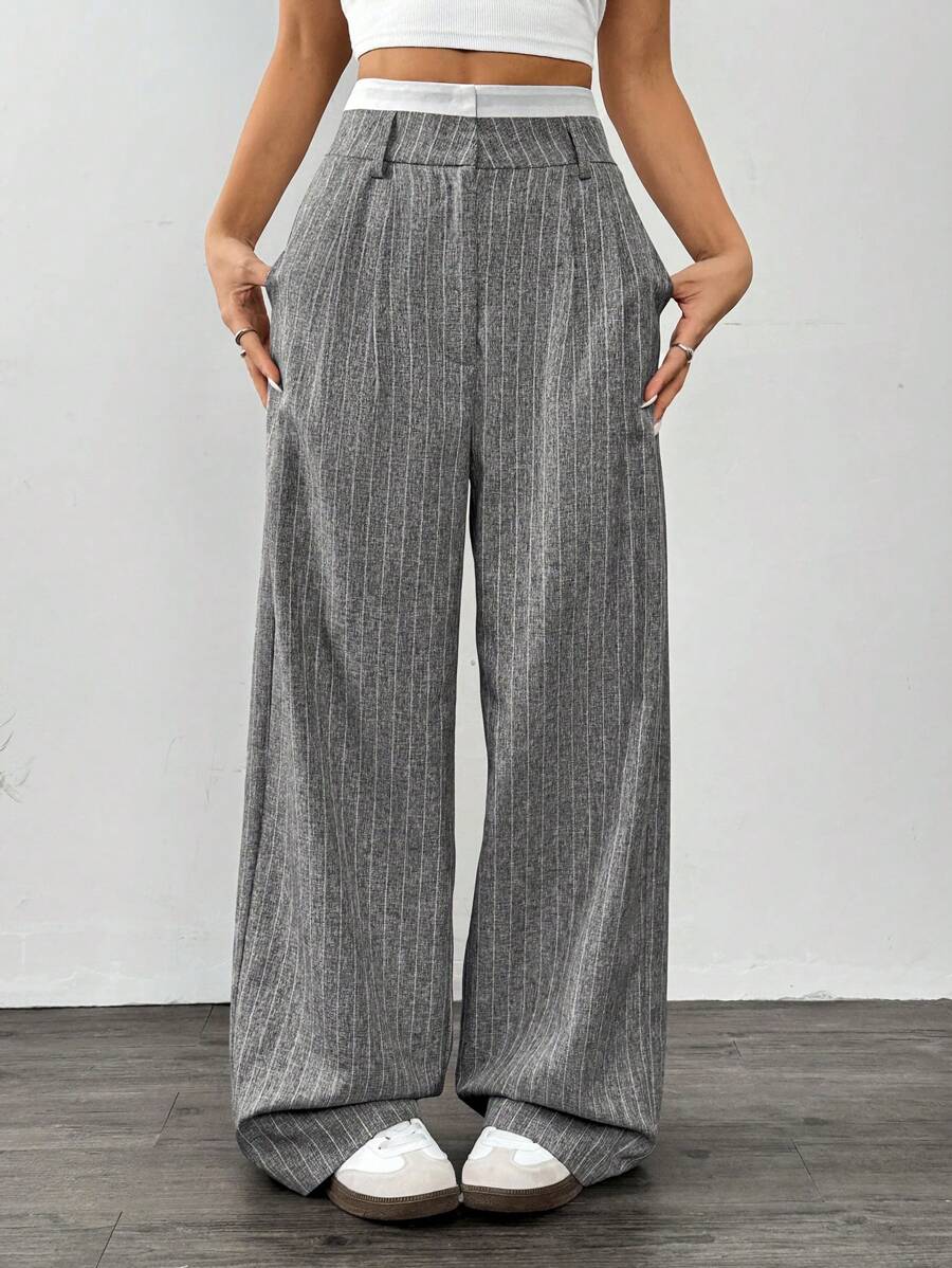 SHEIN EZwear Grey Woven Women's Striped Wide-Leg Pants - Grey - View 1