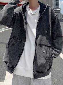 Manfinity Hypemode Áo khoác denim trùm đầu bằng vải nỉ màu xám dành cho nam - Màu xám đen - Xem 3