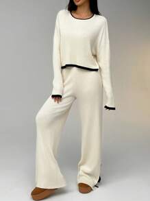 SHEIN EZwear 2pcs Women Casual Contrast Trim Sweater And Pants Set, Spring And Fall - Beige - View 1