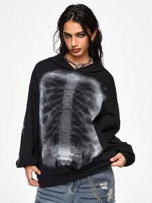 ROMWE Grunge Punk Casual Streetwear Esthetische Film Skeleton X-Ray Grafische Oversized Drop Schouder Dames Hoodie