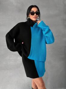 RueChic 女士彩色厚款常规版型冬季毛衣套装搭配迷你裙两件套 - 黑色 - 查看 4