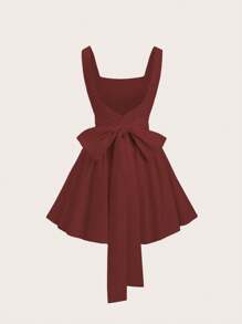 Sweetra Vestido de verano para mujer de unicolor con cuello cuadrado, espalda descubierta y lazo, color burdeos