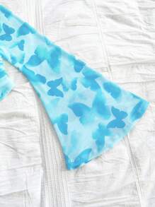 Soleia Women's Vacation Knitted Mesh Red Insect Butterfly Print V-Neck Long Flared Sleeve Fitted Cute T-Shirt - Baby Blue - View 5