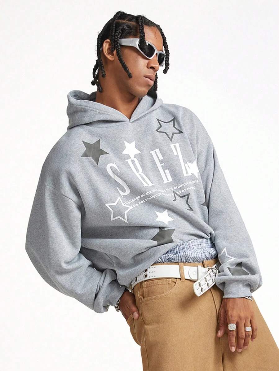 Manfinity VCAY Áo hoodie dệt kim tay dài họa tiết ngôi sao ngũ giác cho nam, dành cho mùa thu đông - Xám - Xem 1