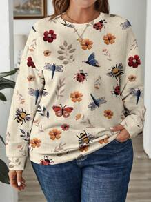 EMERY ROSE Áo nỉ dài tay rộng rãi in họa tiết đơn giản, giản dị, dễ mặc, cỡ lớn dành cho nữ mùa thu - Màu Khaki - Xem 4