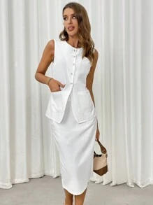 SHEIN LUNE 2 piezas/set Chaleco blanco y falda plisada de estilo francés casual para mujer, otoño/invierno