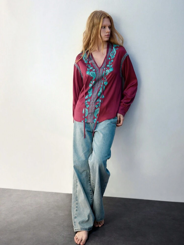 SHEIN Maija Damen Langarm Shirt mit Musterdruck in Mehrfarbig, Rundhalsausschnitt, Bordeauxrot, vielseitig für den Alltag tragbar, Herbst/Winter