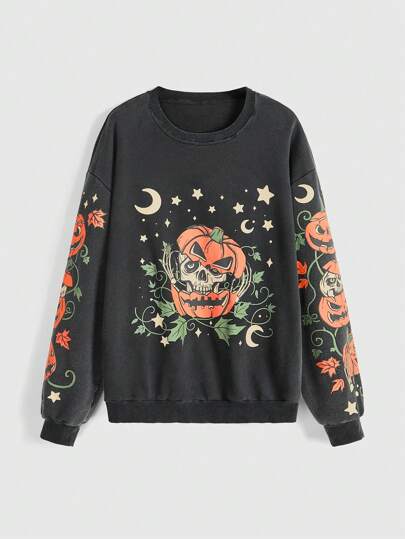 Hippie sweat-shirt à capuche ample et décontracté imprimé de citrouille délavé pour femmes