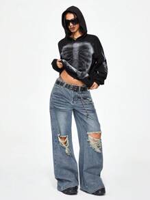 ROMWE Grunge Punk Casual Streetwear Esthetische Film Skeleton X-Ray Grafische Oversized Drop Schouder Dames Hoodie