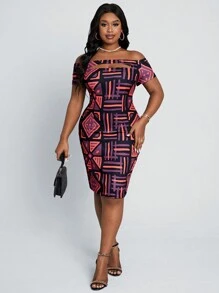 SHEIN Lady 夏季大碼露肩全印花空心連衣裙 - 彩色 - 查看 5