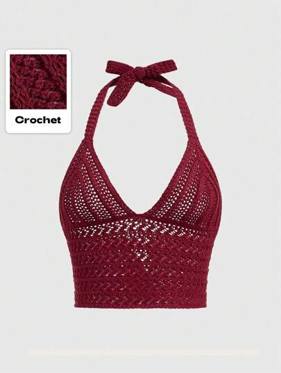 Summer Crochet Beach Holiday Solid Knit Lace Up Halter Top