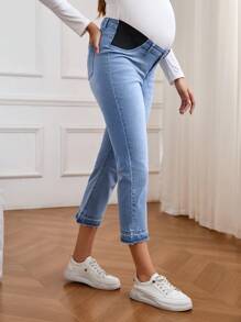 SHEIN Maternity Plain Color Patchwork Front Button Casual Denim Jeans - Medium Wash - View 5