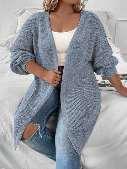 SHEIN LUNE Plus Size Women's Solid Color Loose Dropped Shoulder Long Sleeve Cardigan, Spring Autumn, For Winter Fall Cloth For Women