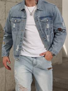 Manfinity Homme Plus Size Men's Spring/Autumn Basic Letter Print Distressed Long Sleeve Casual Denim Jacket, For Husband, Work - Light Wash - View 3