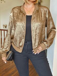 Plus Size Solid Color Front Zip Long Sleeve Simple Jacket, Casual Daily Wear For New Year Holiday Party Clothes - Gold - View 7