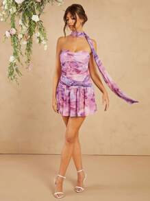 L'Amorae Abstract Floral Chiffon Mini Dress With Neck Scarf - Purple - View 4