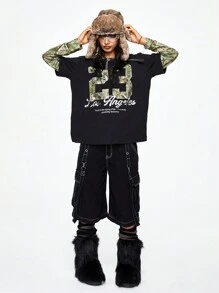 ROMWE Grunge Punk Casual & Oversized Dry Branch & Letter Print T-Shirt For Women, Sports Style