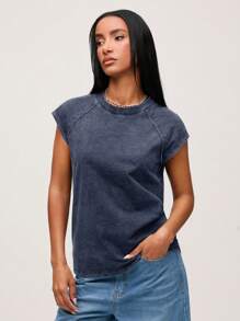 SHEIN BASICS Áo thun cổ tròn dệt kim màu trơn đơn giản thoải mái cho nữ - Màu xanh lam - Xem 3