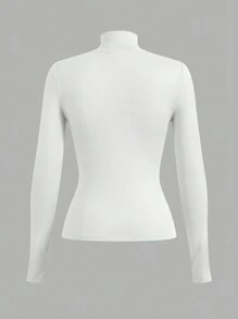 SHEIN BASICS Women's Casual Solid Color Slim Fit Ribbed Knit Long Sleeve T-Shirt - White - View 2