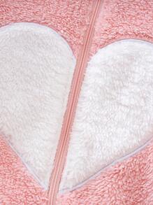 Cozy Pixies Baby Girl Valentine's Day Heart Contrast Color Double-Sided Fleece Hooded Long Sleeve Jumpsuit - Pink - View 7