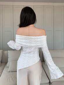 Modelyn Women's Spring & Fall Off-Shoulder Long Sleeve Asymmetric Hem Form-Fitting Elegant T-Shirt - White - View 4