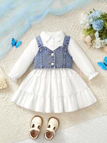 SHEIN Bộ 2 chiếc/bộ váy xòe tay bồng màu trắng đơn giản cho bé gái kèm áo dây denim, trang phục hàng ngày - Rửa trung bình - Xem 7