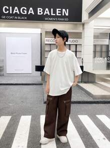 Loose Fit Casual Teen Trousers With Zipper Pockets, For Spring And Autumn - Brown - View 1